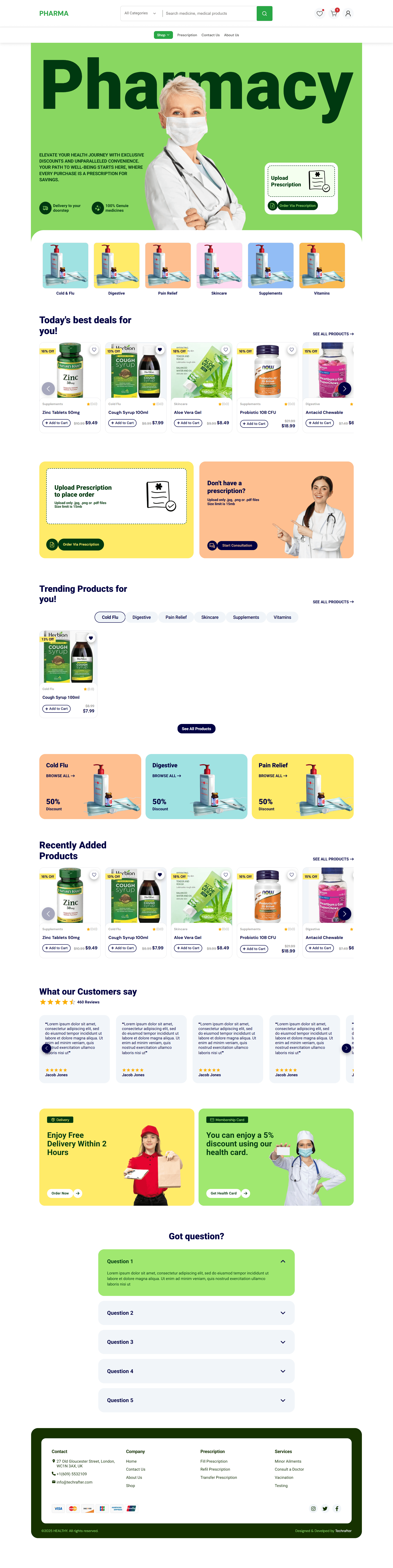 Pharmacy storefront with categories, hero, and product sections