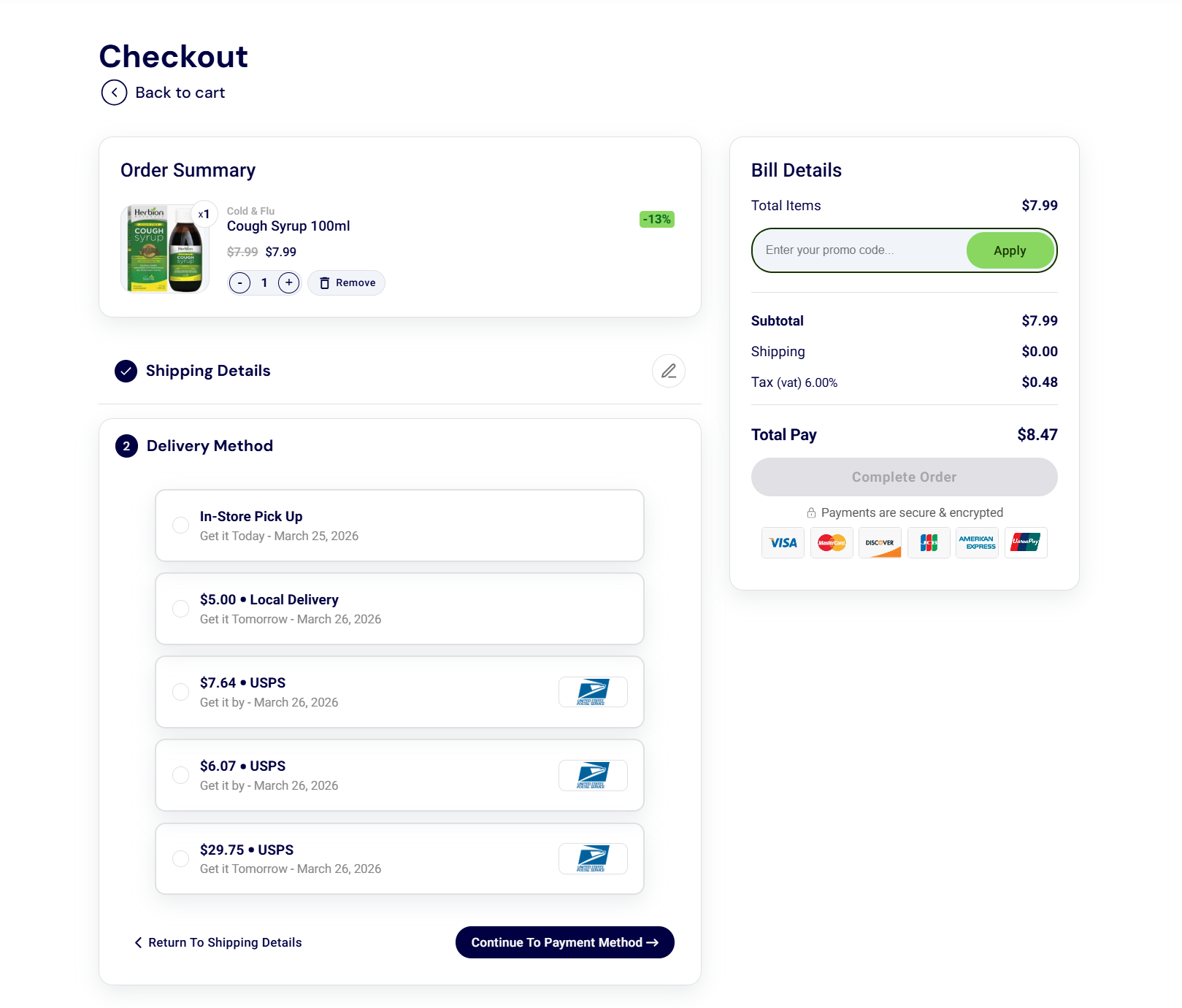 Checkout page showing delivery method options and order summary