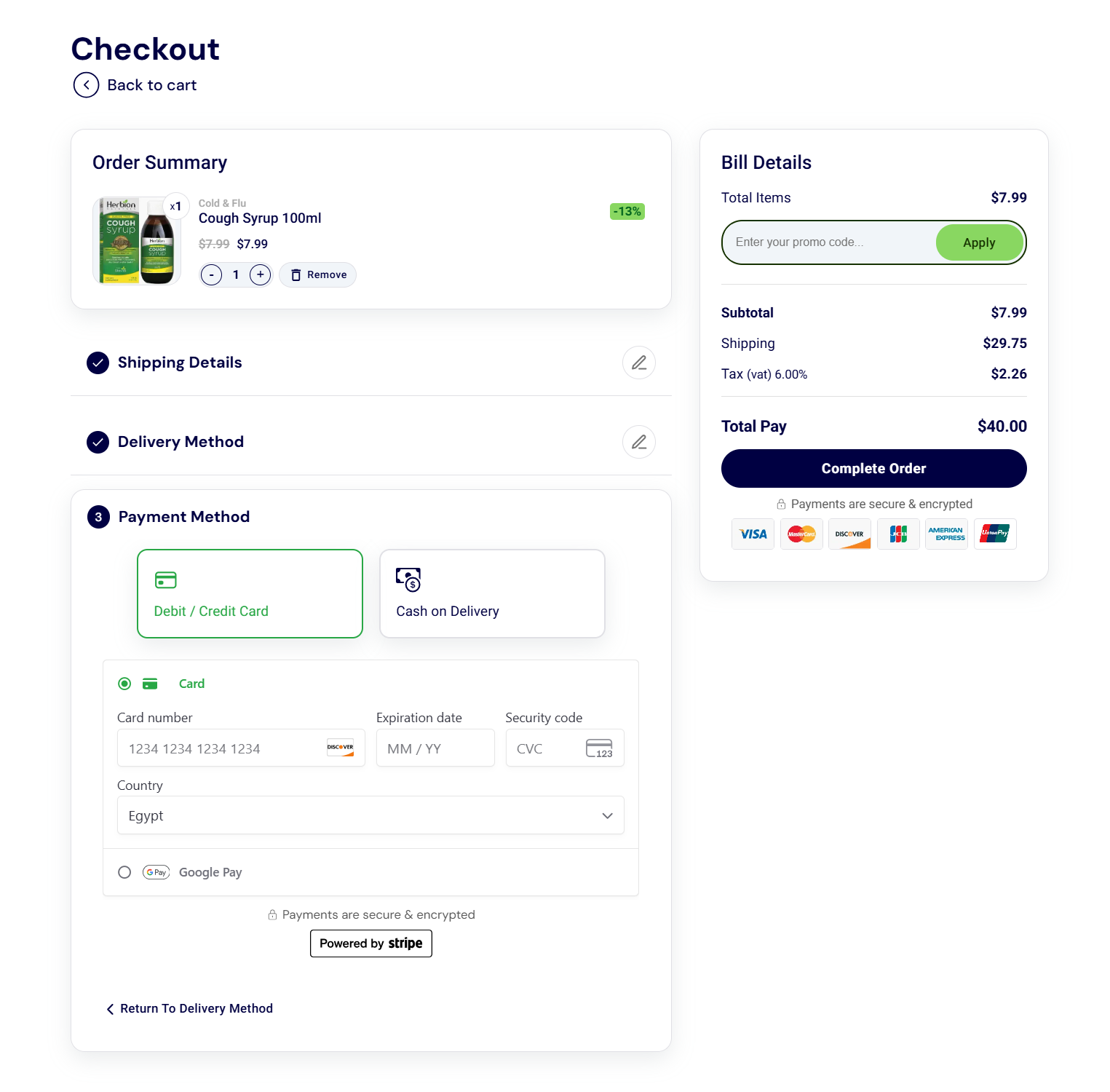 Checkout payment step with card form and secure payment messaging